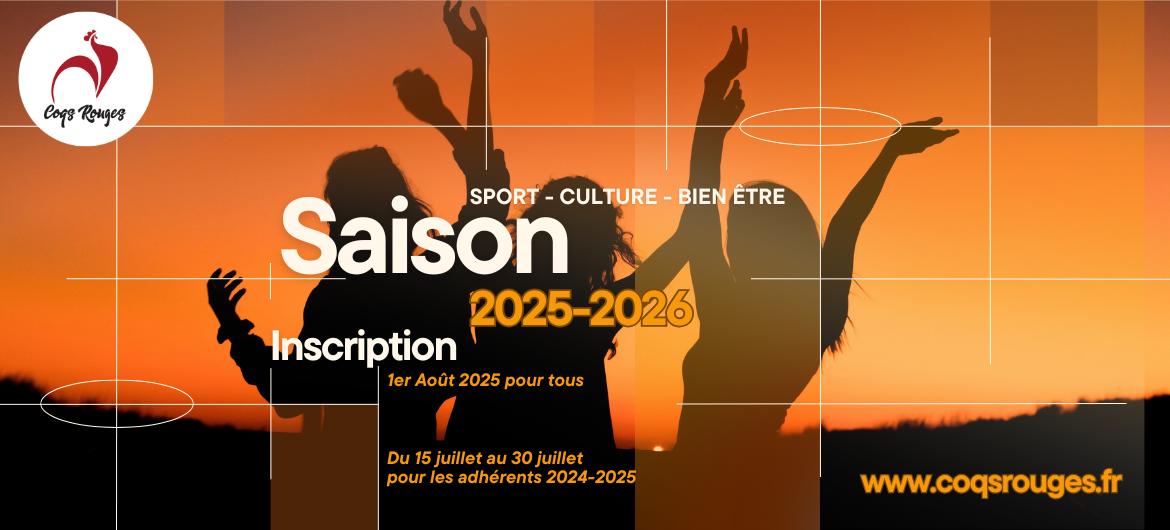 Visuel de promotion pour la saison 2025-2026 des Coqs Rouges avec des silhouettes de personnes dansantes sur fond de coucher de soleil, mentionnant les dates d’inscription et l’adresse du site