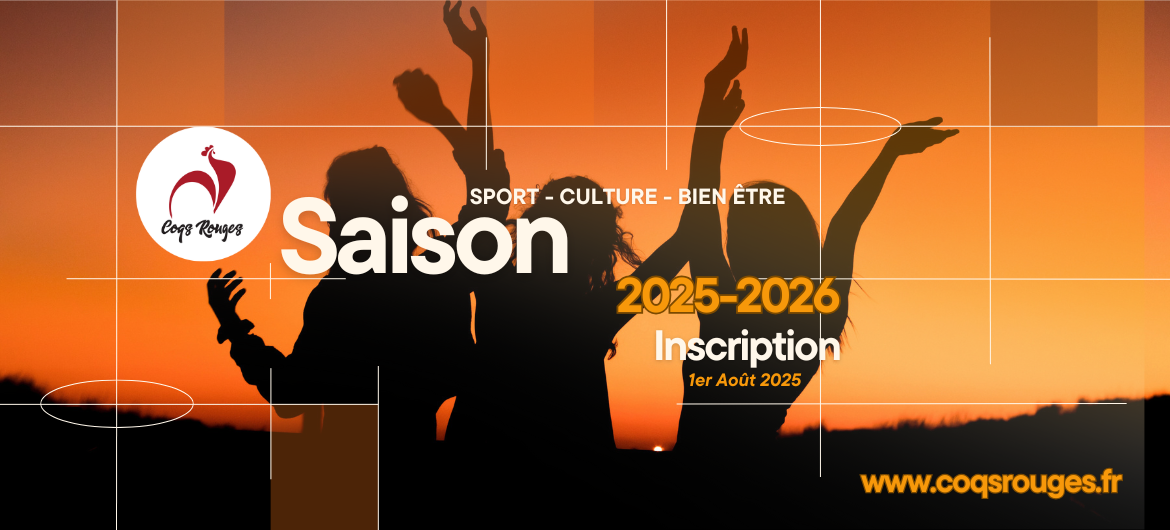 Affiche des Coqs Rouges annonçant l'ouverture des inscriptions pour la saison 2025-2026, avec des silhouettes dansantes au coucher du soleil, les dates clés d’inscription