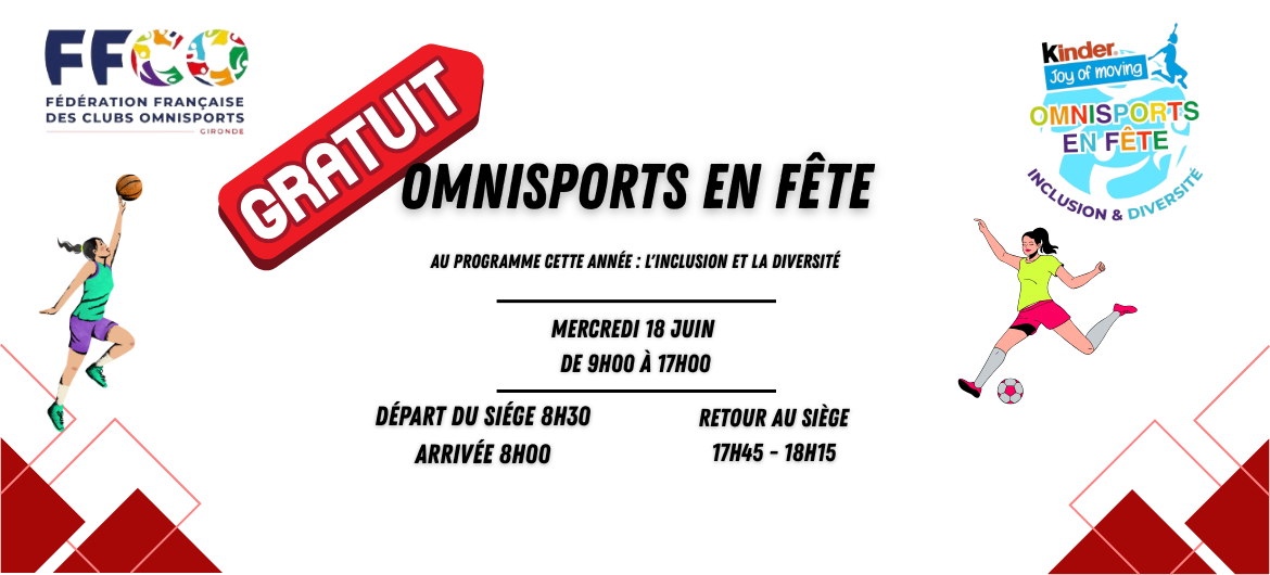 Affiche de l’événement gratuit « Omnisports en Fête » organisé par la FFCO Gironde, avec les informations pratiques : date, horaires, lieu et programme axé sur l’inclusion et la diversité.