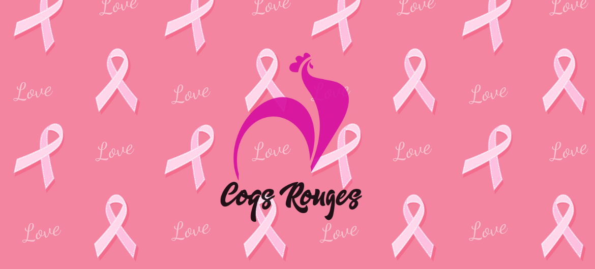 Logo des Coqs Rouges sur un fond rose parsemé de rubans roses symbolisant la lutte contre le cancer du sein, accompagné du mot Love répété en arrière-plan.