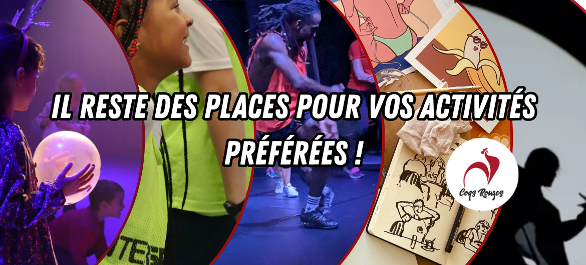 Bannière des Coqs Rouges annonçant qu’il reste des places disponibles pour les activités sportives, culturelles et de loisirs, avec des images d’enfants, de danse, d’arts créatifs et le logo de l’association.